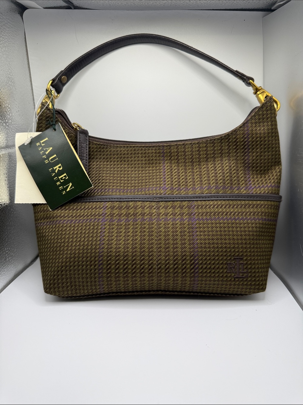 NWT Lauren Ralph Lauren Small Olive Plaid Shoulder Bag with Purple Accent